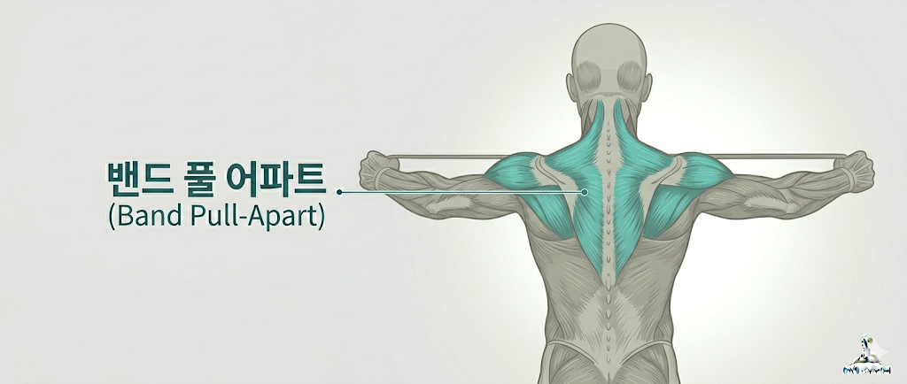 라운드 숄더 교정을 위한 밴드 풀 어파트 해부학 동작 일러스트