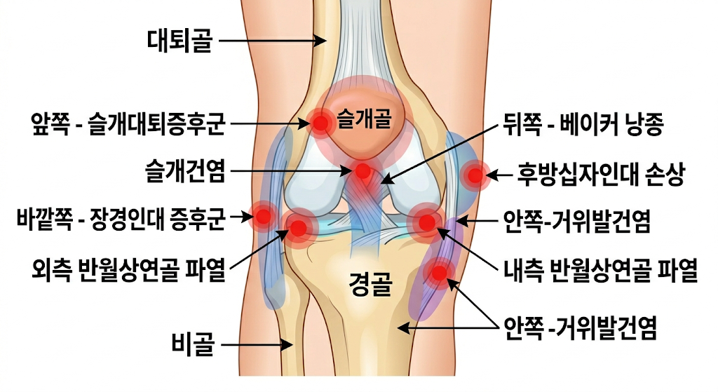 무릎 통증 부위별 원인 파악