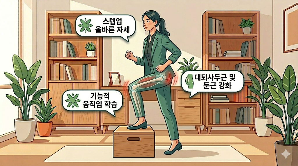 무릎 관절 안정성과 하체 근육 강화를 위한 기능적 운동 스텝 업 방법