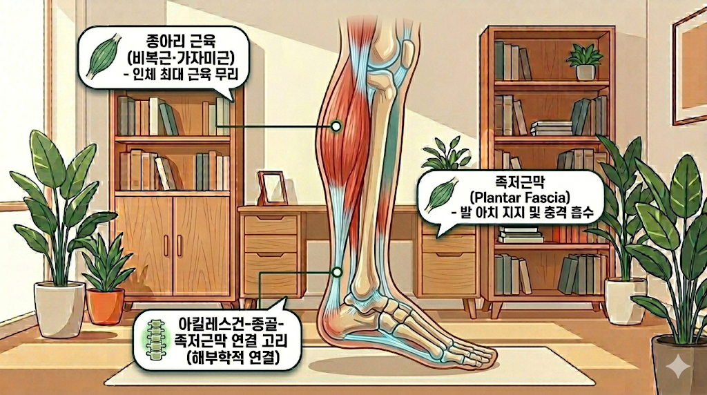 아킬레스건 족저근막 연결 종아리 근육 단축