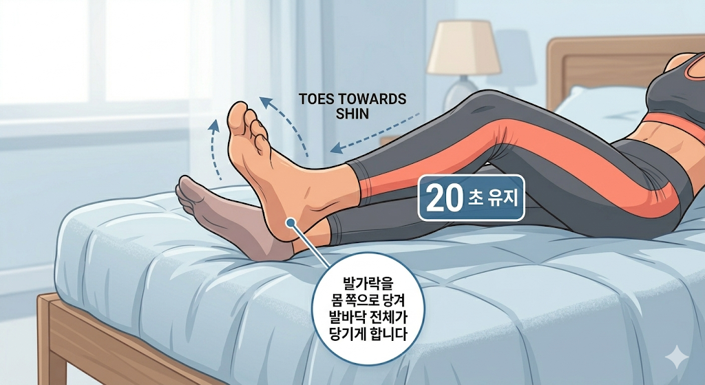 족저근막염 아침 통증 완화 침대 스트레칭 자세