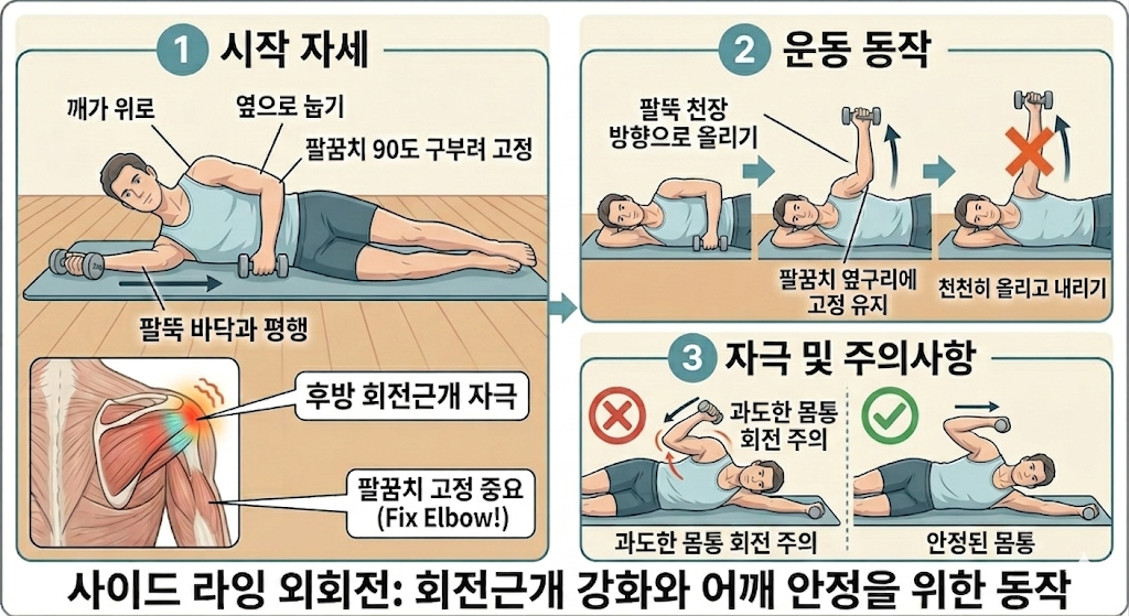 외회전 운동 사이드 라잉 회전근개 강화 어깨 통증 완화 출돌 증후군 완화