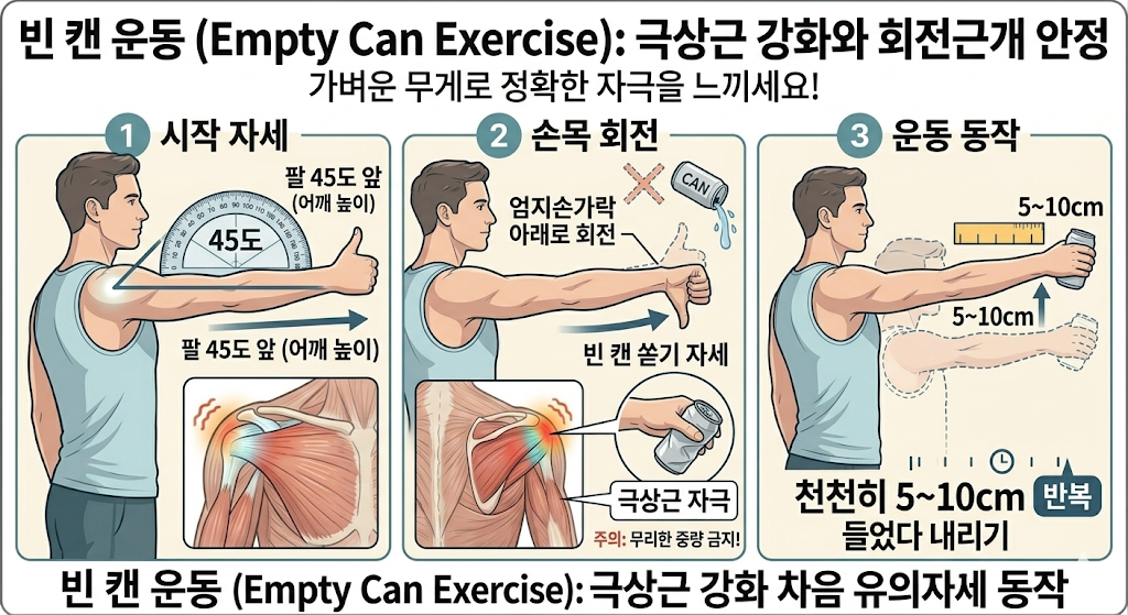 빈 캔 운동 극상근 강화 회전근개 안정 어깨 통증 완화