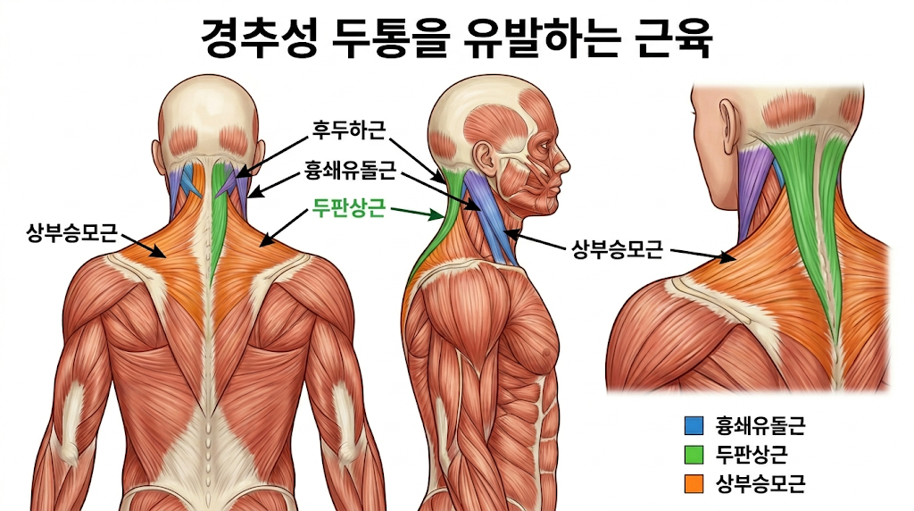 경추성 두통을 유발하는 근육 후두하근 두판상근 상부승모근 흉쇄유돌근