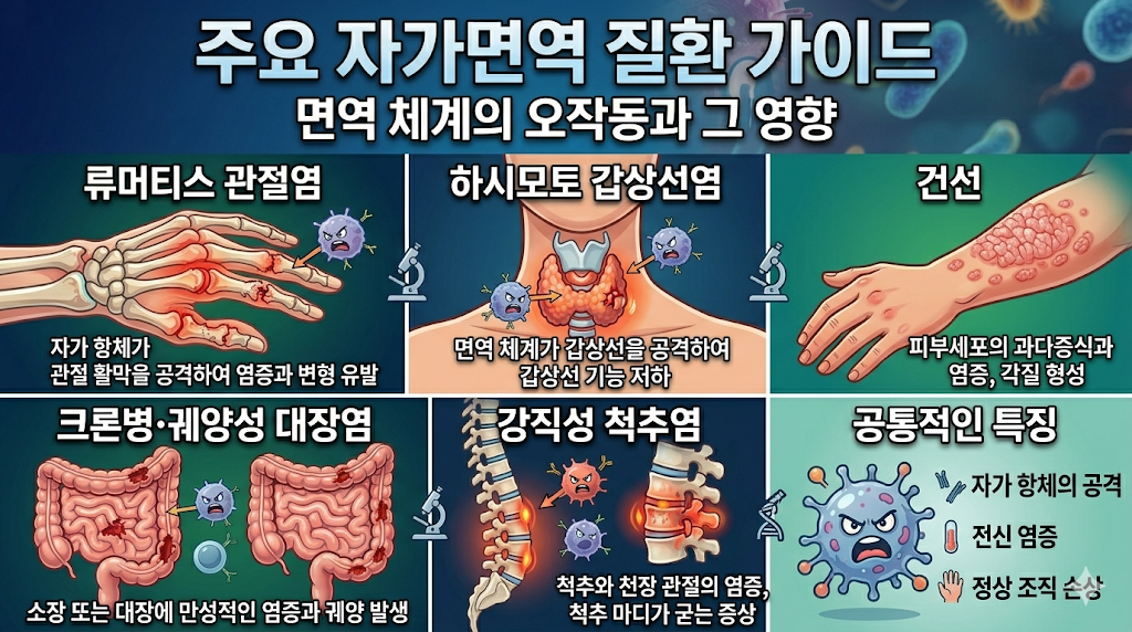자가면역 질환 류머티스 관절염 하시모토 갑상선염 건선 크론병 궤양성 대장염 강직성 척추염